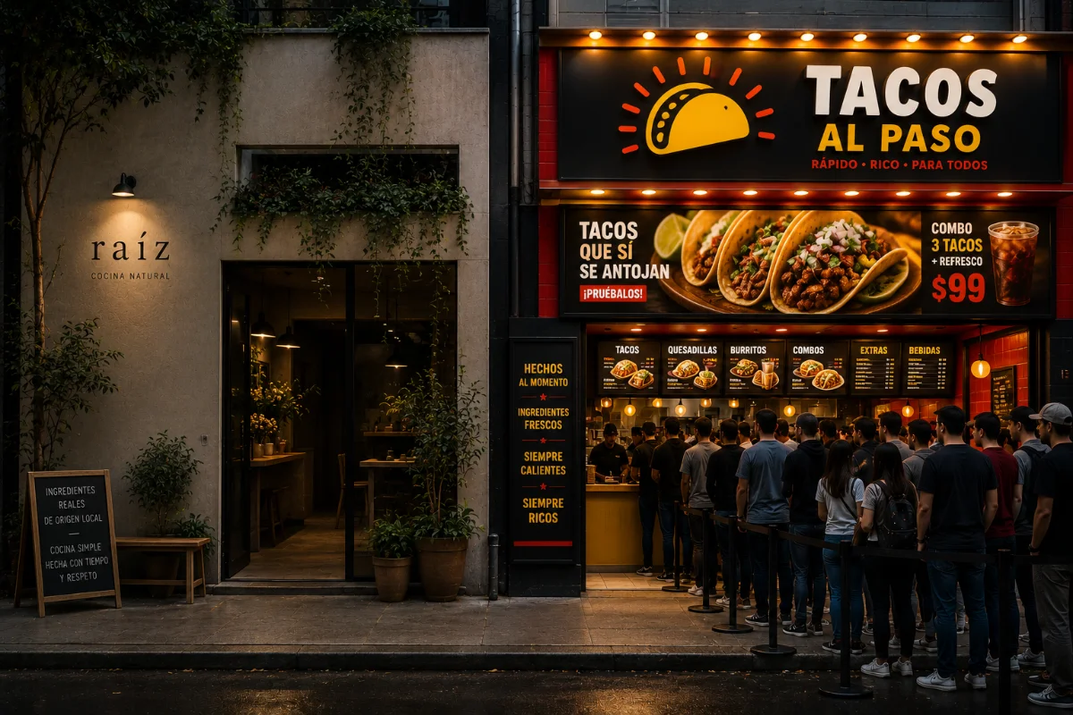 Dos locales en la misma calle: uno con foto aburrida, otro con foto que da hambre
